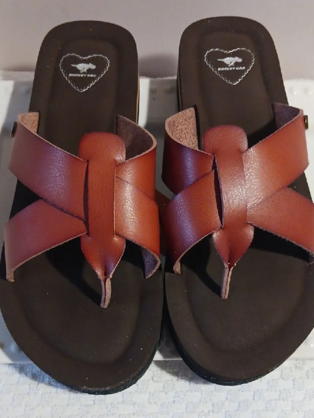 Rocket Dog ⚜️ Brown Vtg Leather Look Platform Wedge Slide/Flip Flop Sandals